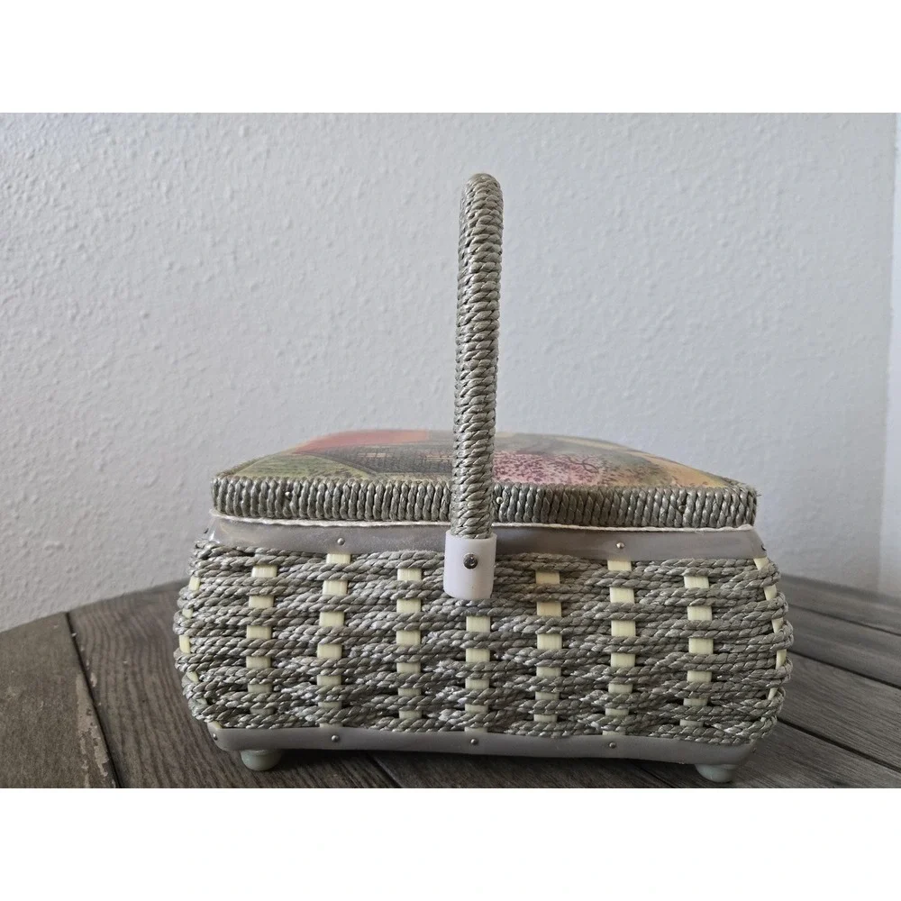Vintage Woven Wicker Sewing Storage Basket Handled Lined Country Farmhouse Scene